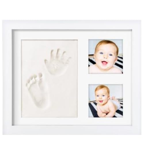 Novarena Baby Handprint, Footprint Ornament Keepsake Picture Frame, Newborn Bundle, 2 EASELS, 4 Ribbons & 3 Paint Tubes Clay Casting Kit Baby Shower Boy Girl, 11.1” x 9.09”, Clay & Picture Frame Kit