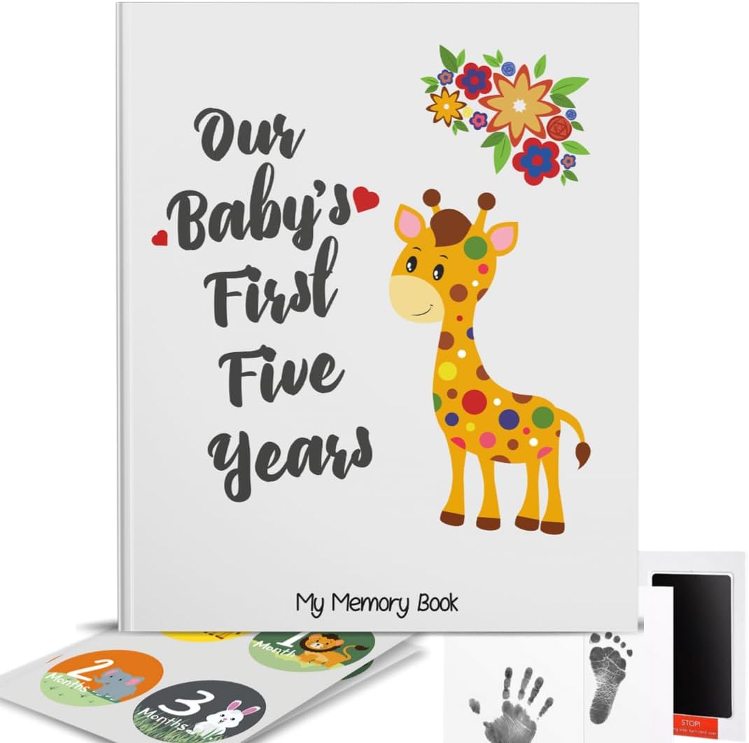 Novarena First 5 Years Baby Memory Book Journal Scrapbook 48 Pack Monthly Milestones Stickers & Clean-Touch Baby Safe Ink Pad