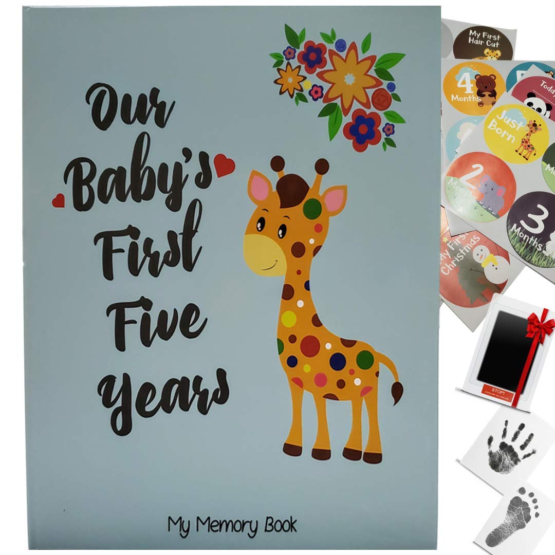 Novarena First 5 Years Baby Memory Book Journal Scrapbook 48 Pack Monthly Milestones Stickers & Clean-Touch Baby Safe Ink Pad