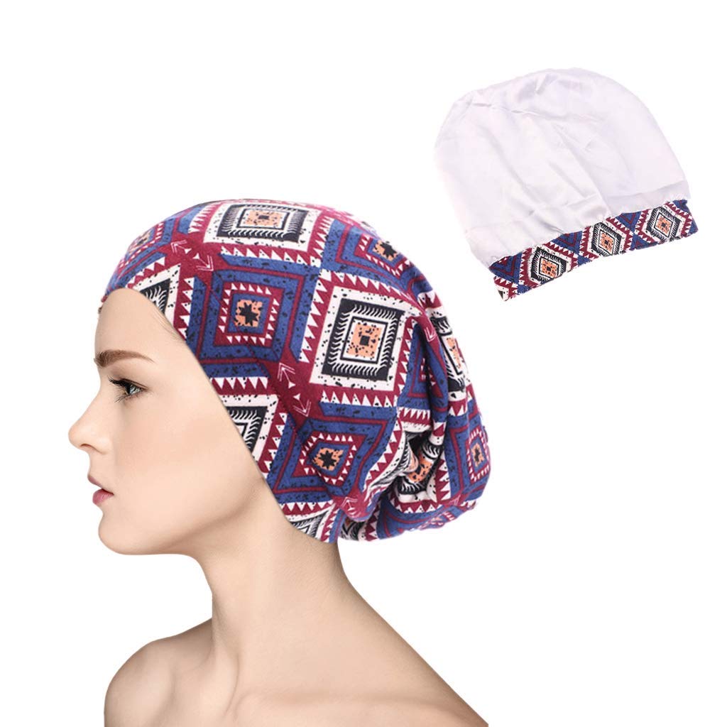 Novarena Satin Silk Lined Sleep Cap Beanie Slap Hat – Gifts for Women (Navy Print #2)