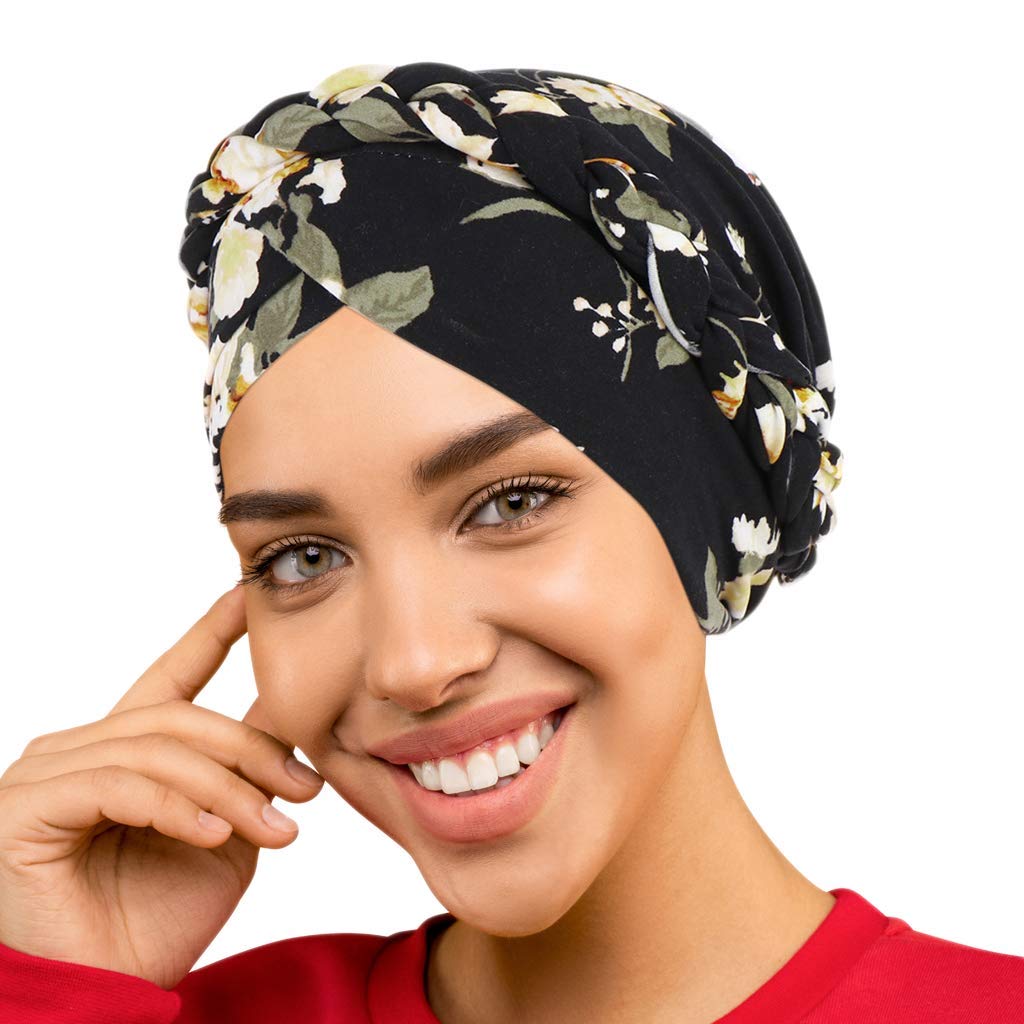 Novarena Womens African Turban Hat Knot Pre-Tied Bonnet Beanie Cap Headwrap, 1 Pc Braided Black