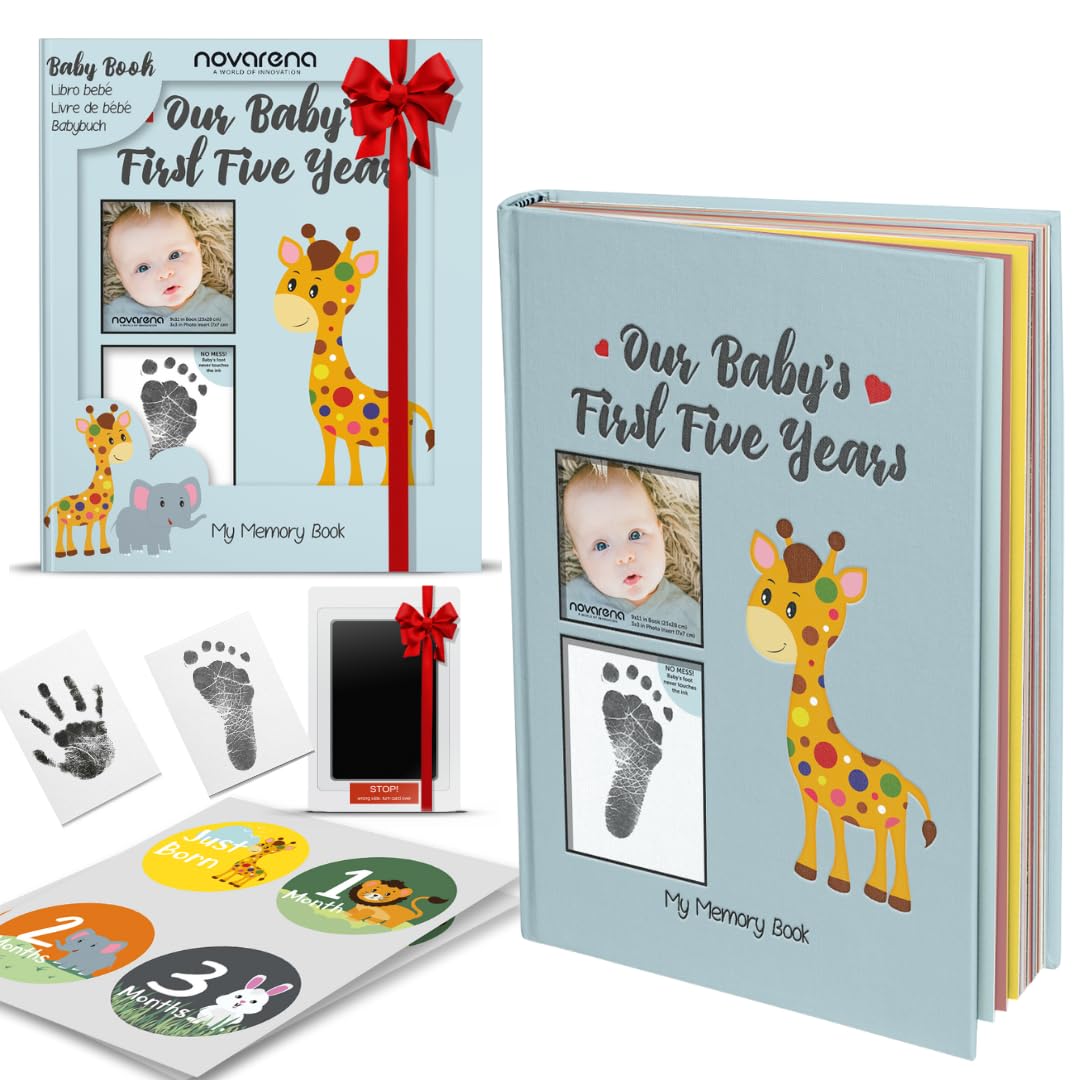 Novarena First 5 Years Baby Memory Book Journal Scrapbook 48 Pack Monthly Milestones Stickers & Clean-Touch Baby Safe Ink Pad