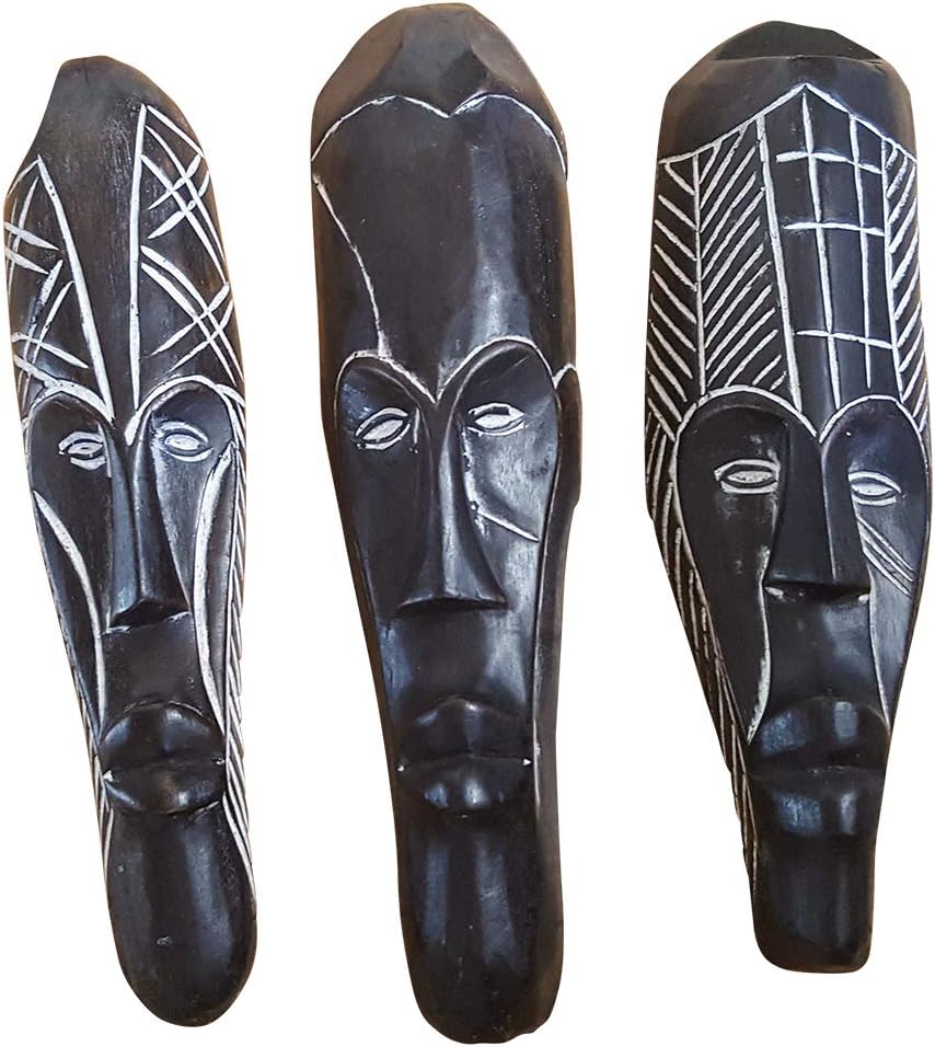 Novarena African Art Cameroon Gabon Fang Wall Masks and Sculptures - Africa Home Mask Decor (3 Pc Black 12 Inch Fang Mask)