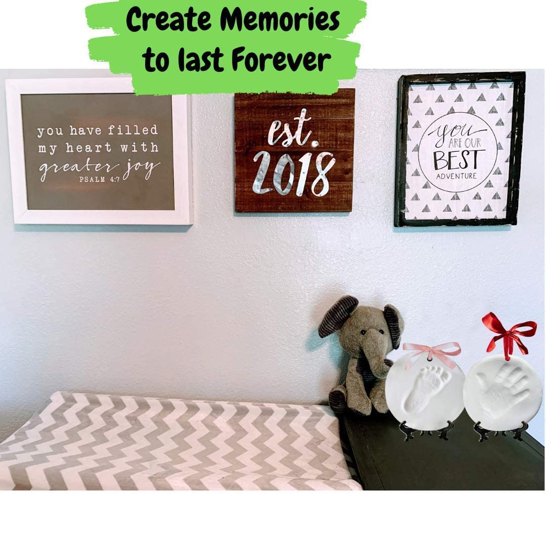 NOVARENA Baby Handprint Kit Footprint Ornament Keepsake (Newborn Bundle) 2 EASELS, 4 Ribbons & 3 Paint Tubes Clay Casting Kit Baby Boy Girl (Deluxe Clay Keepsake Kit) (Deluxe Clay Keepsake Kit)