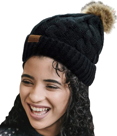 Novalena Women's Thick Cable Knit Faux Fur Pom Fleece Lined Skull Cap Cuff Warm Crochet Winter Wool Knit Ski Beanie Slouchy, Beige