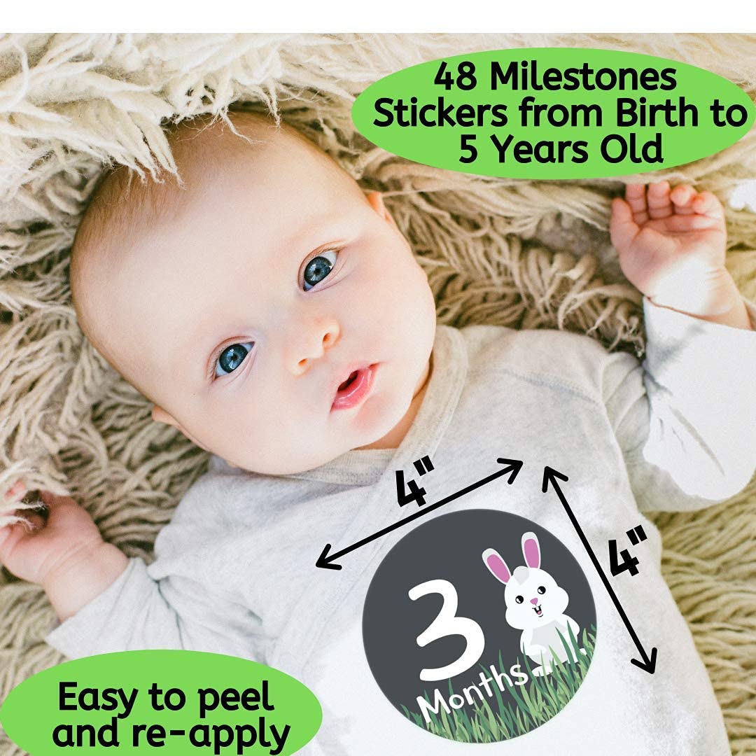 NOVARENA 48 Pack 4" Baby Month Stickers and Milestone Stickers by Novarena - Track Your Baby's First Year Month-by-Month and Holidays Until 5 Years Old! Boys and Girls (48 Pack Stickers)