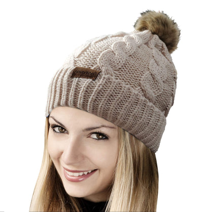 Novalena Women's Thick Cable Knit Faux Fur Pom Fleece Lined Skull Cap Cuff Warm Crochet Winter Wool Knit Ski Beanie Slouchy, Beige