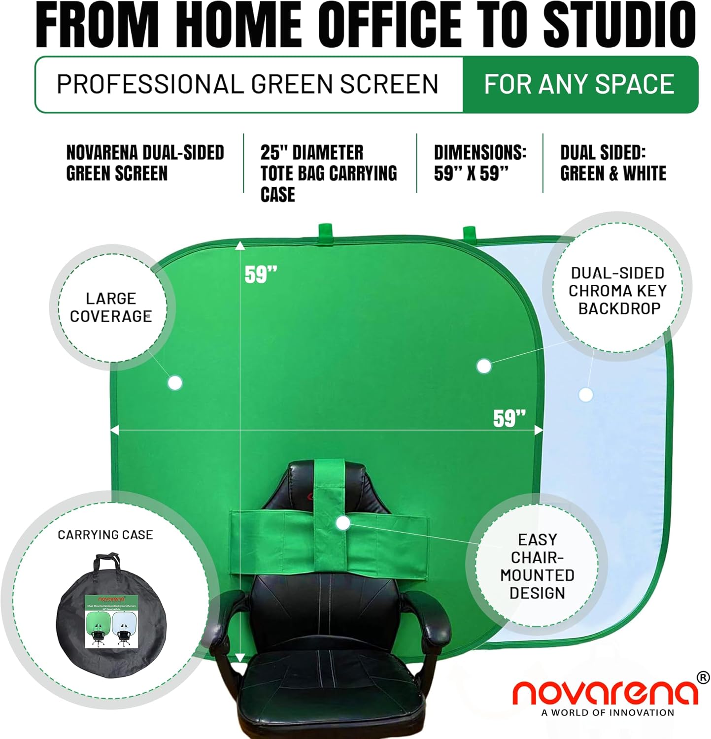 NOVARENA Green Screen Behind Chair Attachment Backdrop Kit – Portable Chroma Key for Streaming, Gaming, Video Calls, Virtual Background, Home Office, Photography – 5ft by 5ft, Reversible, Foldable