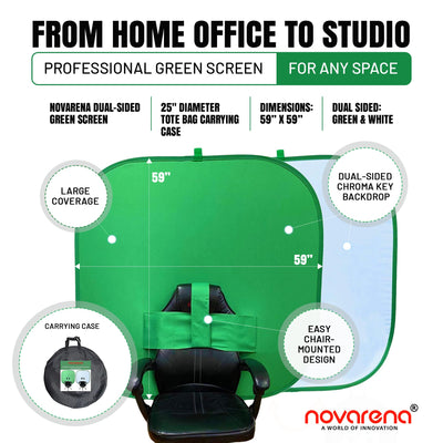 NOVARENA Green Screen Behind Chair Attachment Backdrop Kit – Portable Chroma Key for Streaming, Gaming, Video Calls, Virtual Background, Home Office, Photography – 5ft by 5ft, Reversible, Foldable