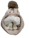 Novalena Women's Thick Cable Knit Faux Fur Pom Fleece Lined Skull Cap Cuff Warm Crochet Winter Wool Knit Ski Beanie Slouchy, Beige