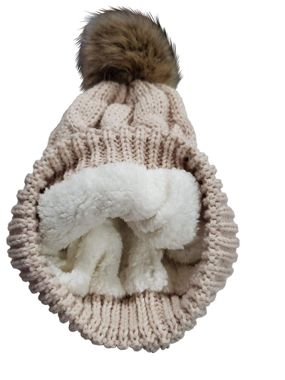 Novalena Women's Thick Cable Knit Faux Fur Pom Fleece Lined Skull Cap Cuff Warm Crochet Winter Wool Knit Ski Beanie Slouchy, Beige