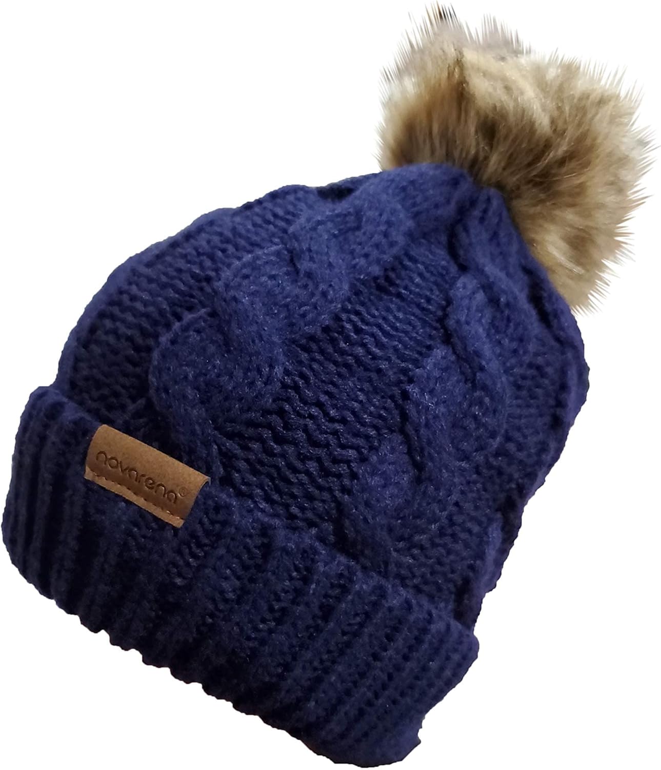 Novarena Thick Cable Knit Faux Fuzzy Fur Pom Fleece Lined Skull Cap Cuff Beanie