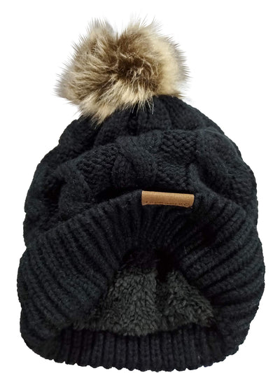 Novalena Women's Thick Cable Knit Faux Fur Pom Fleece Lined Skull Cap Cuff Warm Crochet Winter Wool Knit Ski Beanie Slouchy, Beige
