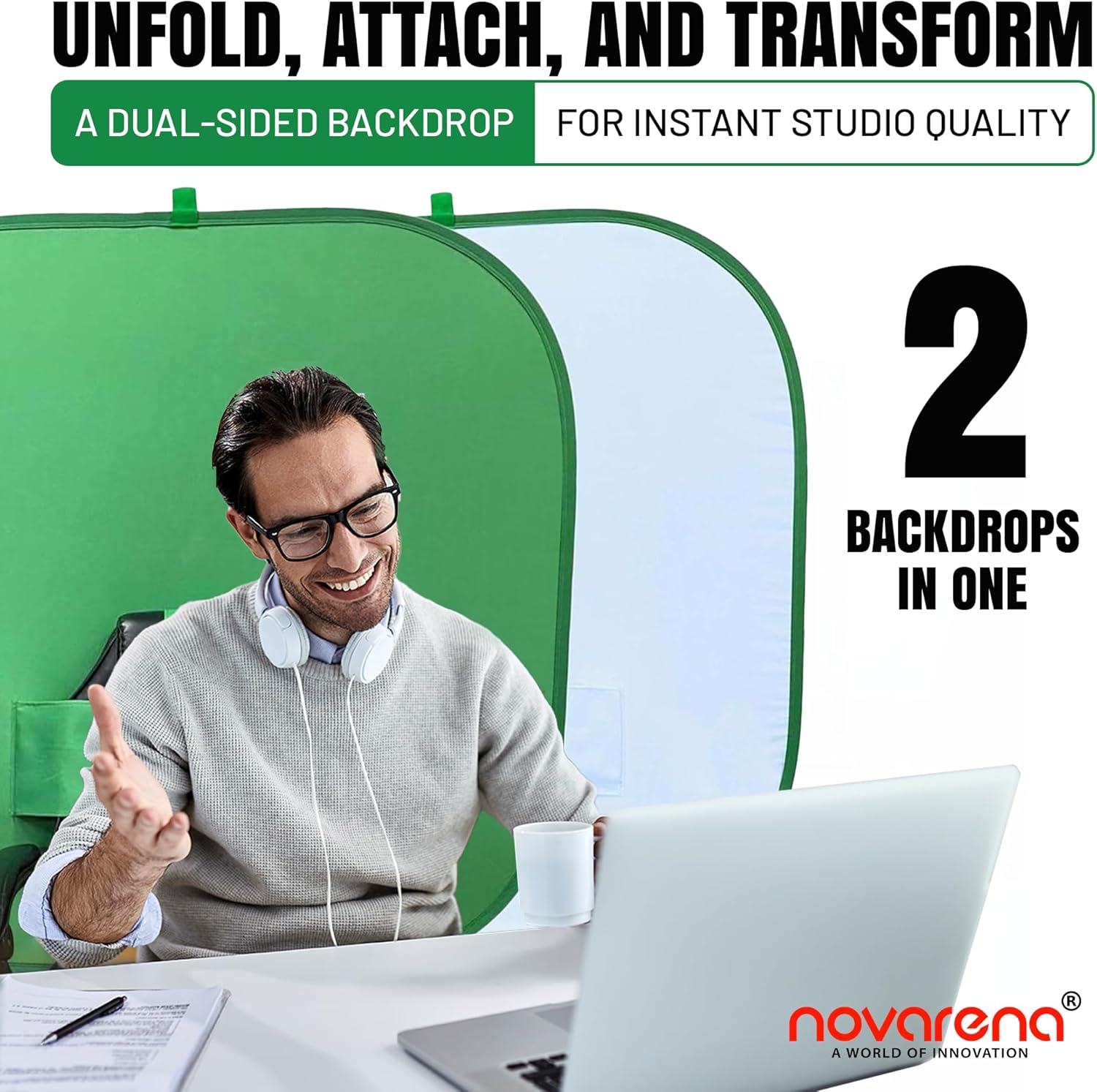 NOVARENA Green Screen Behind Chair Attachment Backdrop Kit – Portable Chroma Key for Streaming, Gaming, Video Calls, Virtual Background, Home Office, Photography – 5ft by 5ft, Reversible, Foldable