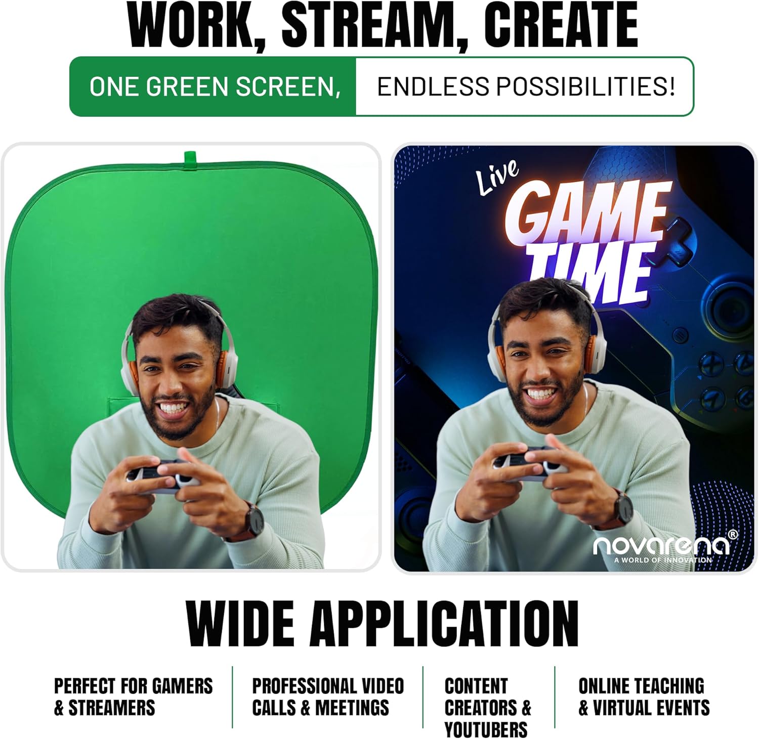 NOVARENA Green Screen Behind Chair Attachment Backdrop Kit – Portable Chroma Key for Streaming, Gaming, Video Calls, Virtual Background, Home Office, Photography – 5ft by 5ft, Reversible, Foldable