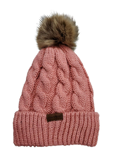 Novalena Women's Thick Cable Knit Faux Fur Pom Fleece Lined Skull Cap Cuff Warm Crochet Winter Wool Knit Ski Beanie Slouchy, Beige