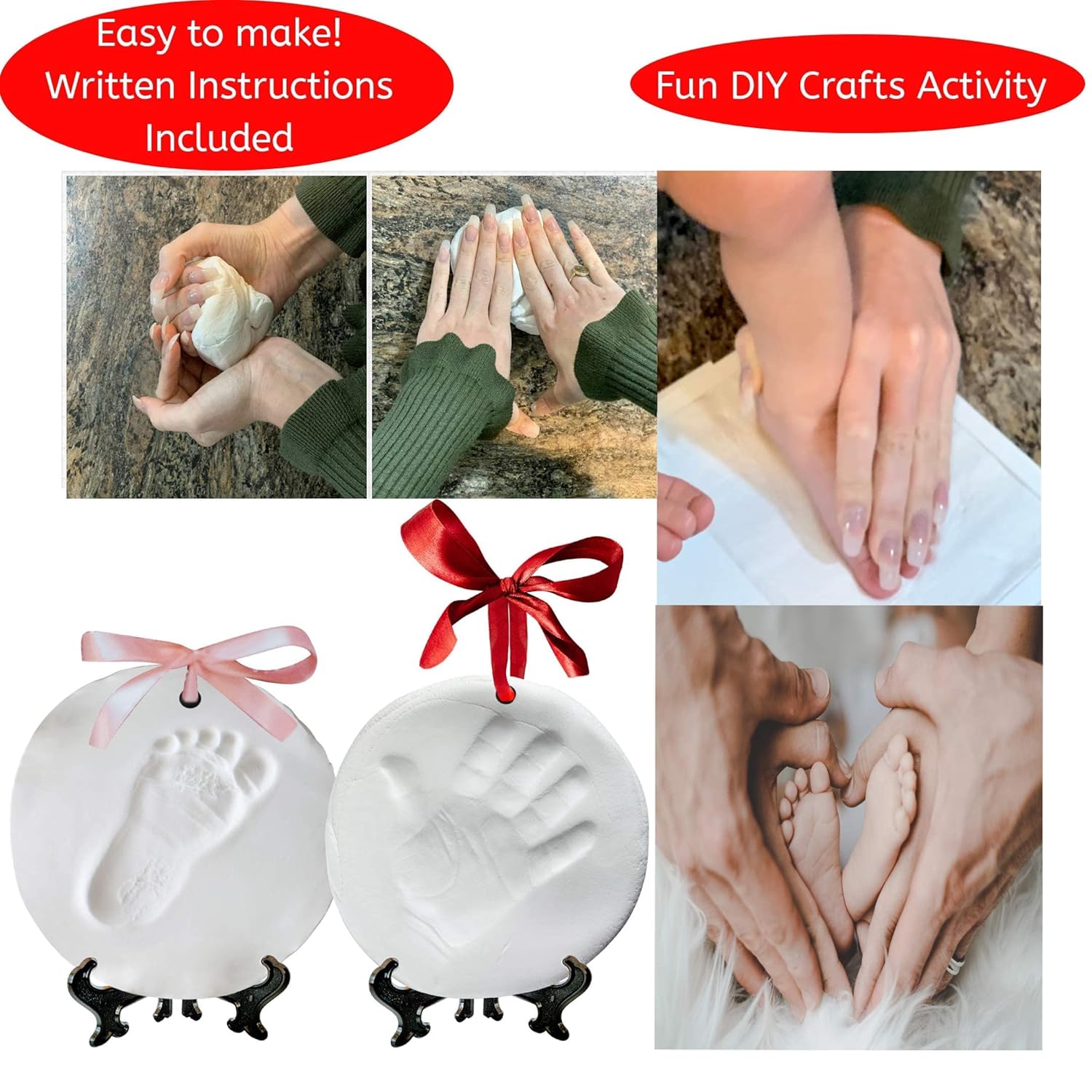 NOVARENA Baby Handprint Kit Footprint Ornament Keepsake (Newborn Bundle) 2 EASELS, 4 Ribbons & 3 Paint Tubes Clay Casting Kit Baby Boy Girl (Deluxe Clay Keepsake Kit) (Deluxe Clay Keepsake Kit)