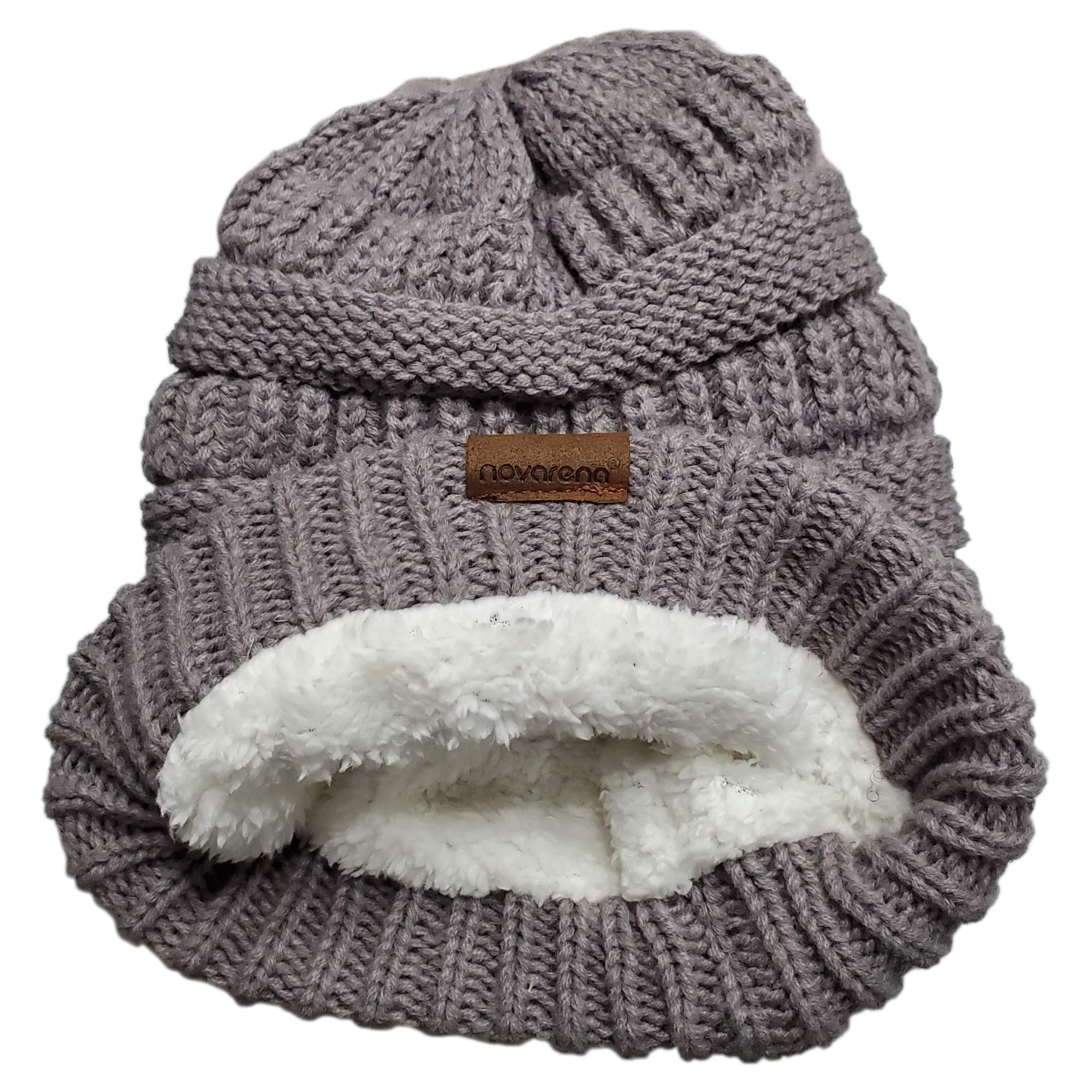 Novalena Women's Thick Cable Knit Faux Fur Pom Fleece Lined Skull Cap Cuff Warm Crochet Winter Wool Knit Ski Slouchy Khaki Beanie