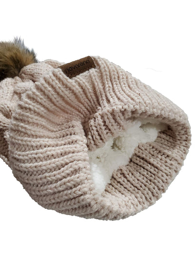 Novalena Women's Thick Cable Knit Faux Fur Pom Fleece Lined Skull Cap Cuff Warm Crochet Winter Wool Knit Ski Beanie Slouchy, Beige