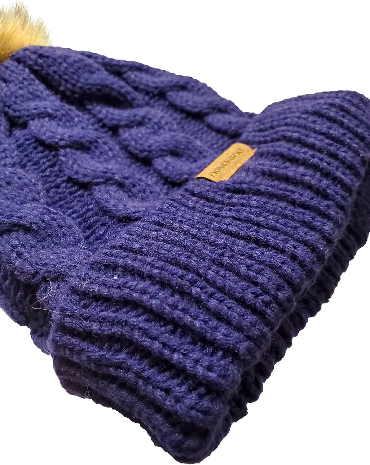 Novarena Thick Cable Knit Faux Fuzzy Fur Pom Fleece Lined Skull Cap Cuff Beanie