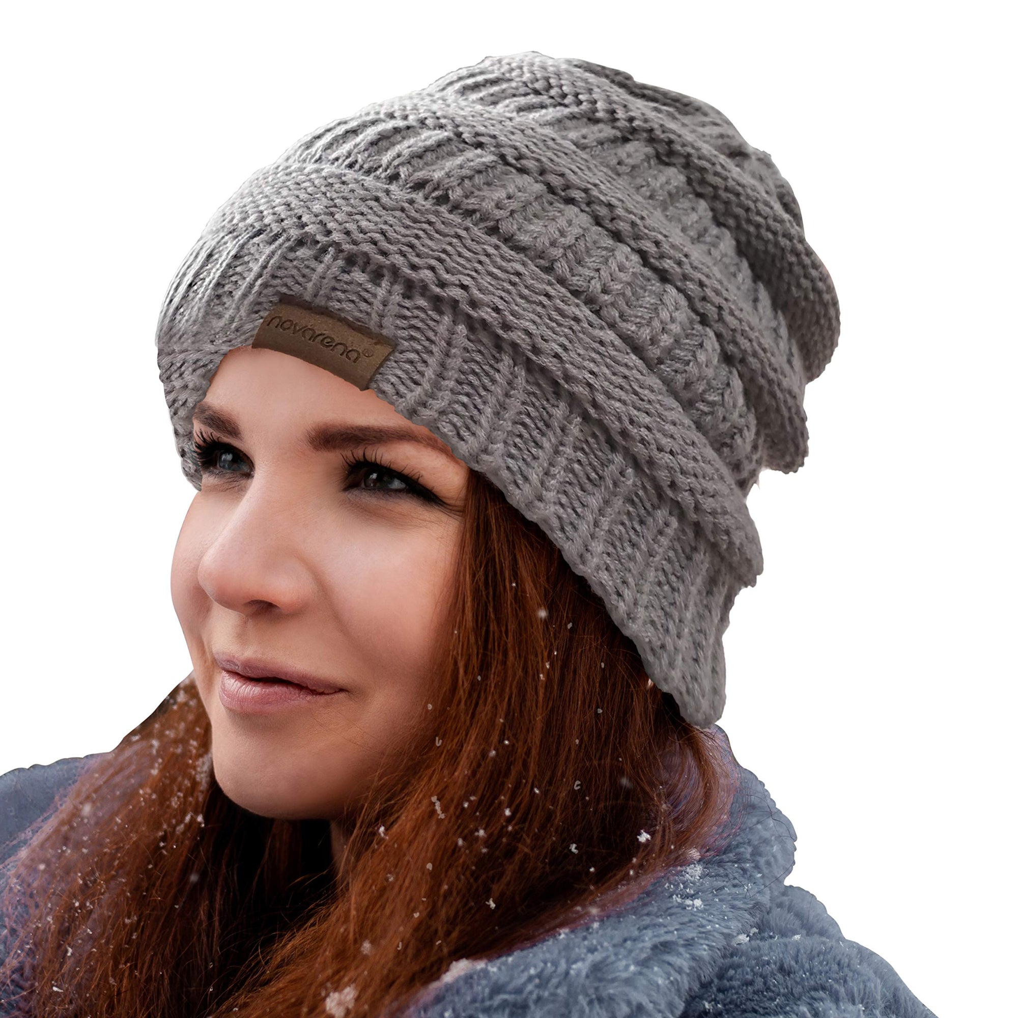 Novarena Thick Cable Knit Faux Fuzzy Fur Pom Fleece Lined Skull Cap Cuff Beanie