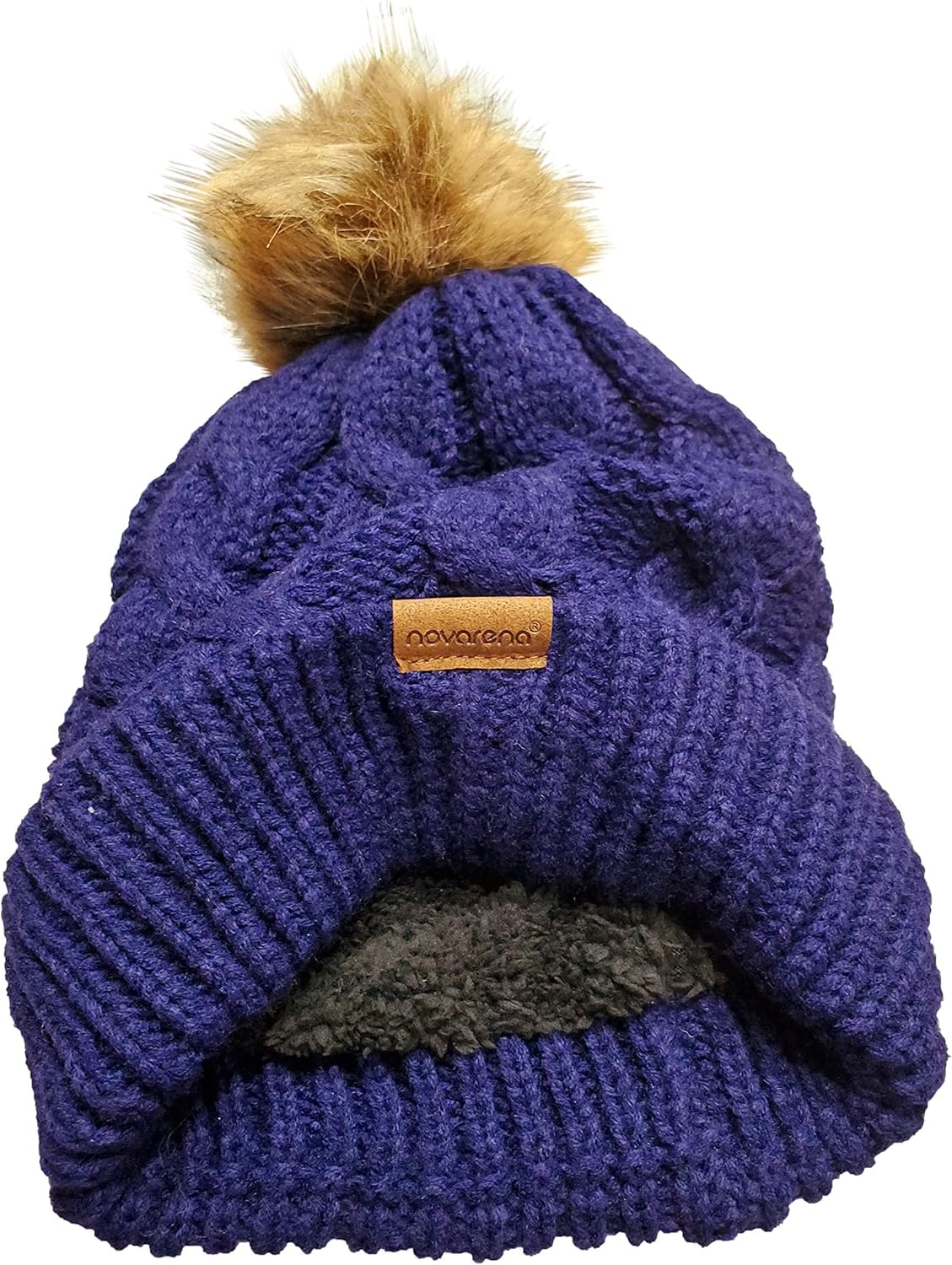 Novarena Thick Cable Knit Faux Fuzzy Fur Pom Fleece Lined Skull Cap Cuff Beanie