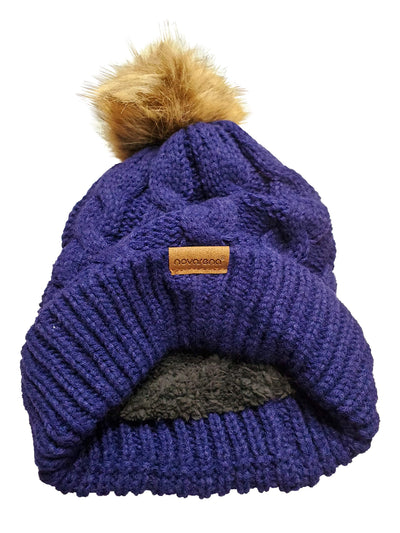 Novalena Women's Thick Cable Knit Faux Fur Pom Fleece Lined Skull Cap Cuff Warm Crochet Winter Wool Knit Ski Beanie Slouchy, Beige