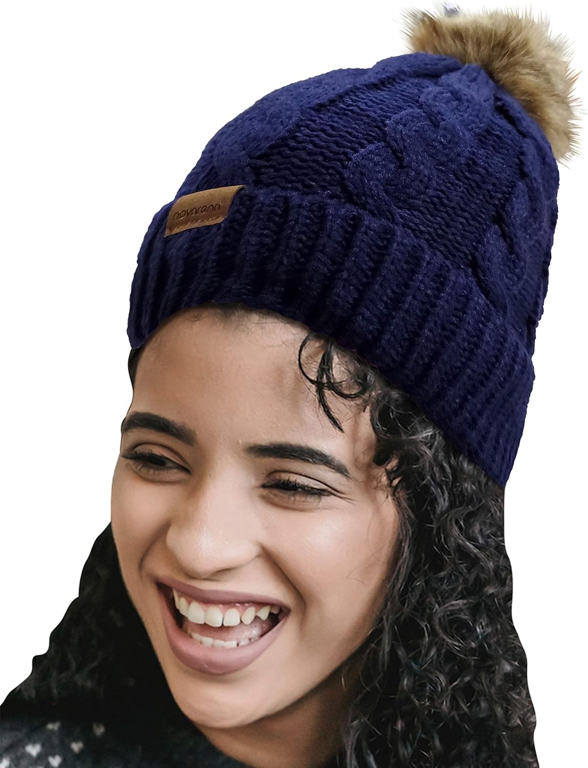 Novarena Thick Cable Knit Faux Fuzzy Fur Pom Fleece Lined Skull Cap Cuff Beanie