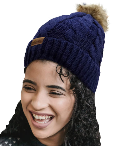 Novalena Women's Thick Cable Knit Faux Fur Pom Fleece Lined Skull Cap Cuff Warm Crochet Winter Wool Knit Ski Beanie Slouchy, Beige