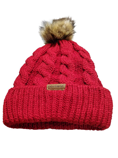 Novalena Women's Thick Cable Knit Faux Fur Pom Fleece Lined Skull Cap Cuff Warm Crochet Winter Wool Knit Ski Beanie Slouchy, Beige