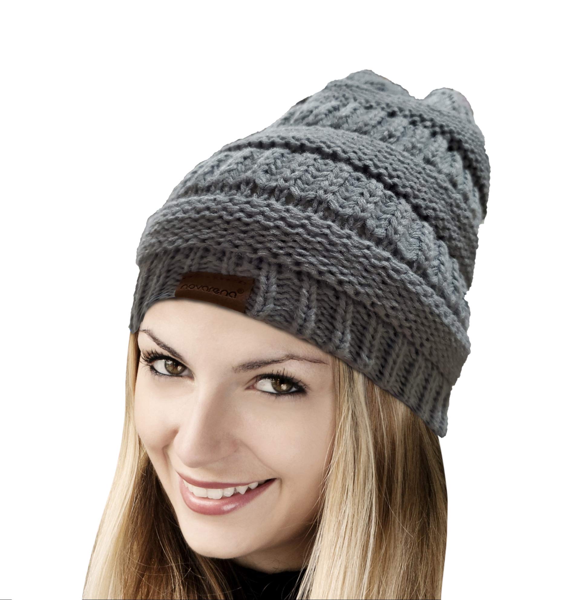 Novarena Thick Cable Knit Faux Fuzzy Fur Pom Fleece Lined Skull Cap Cuff Beanie