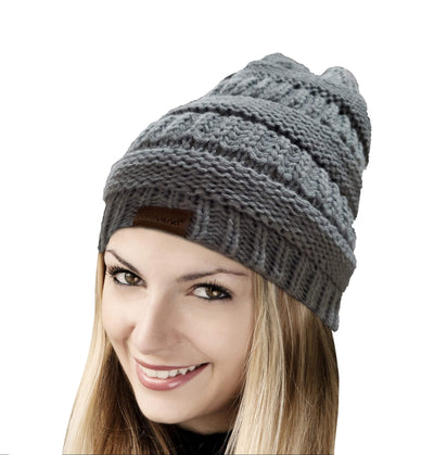 Novalena Women's Thick Cable Knit Faux Fur Pom Fleece Lined Skull Cap Cuff Warm Crochet Winter Wool Knit Ski Beanie Slouchy, Beige
