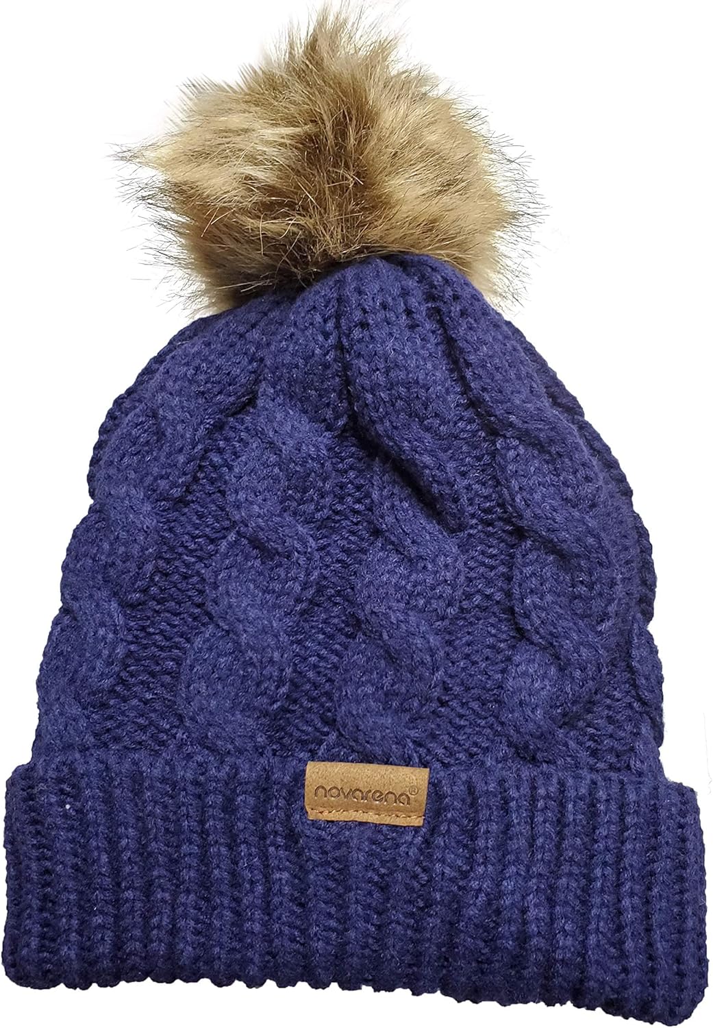 Novarena Thick Cable Knit Faux Fuzzy Fur Pom Fleece Lined Skull Cap Cuff Beanie