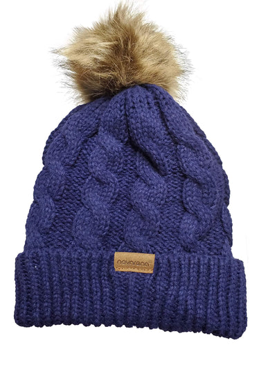 Novalena Women's Thick Cable Knit Faux Fur Pom Fleece Lined Skull Cap Cuff Warm Crochet Winter Wool Knit Ski Beanie Slouchy, Beige