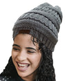 Novalena Women's Thick Cable Knit Faux Fur Pom Fleece Lined Skull Cap Cuff Warm Crochet Winter Wool Knit Ski Beanie Slouchy, Beige