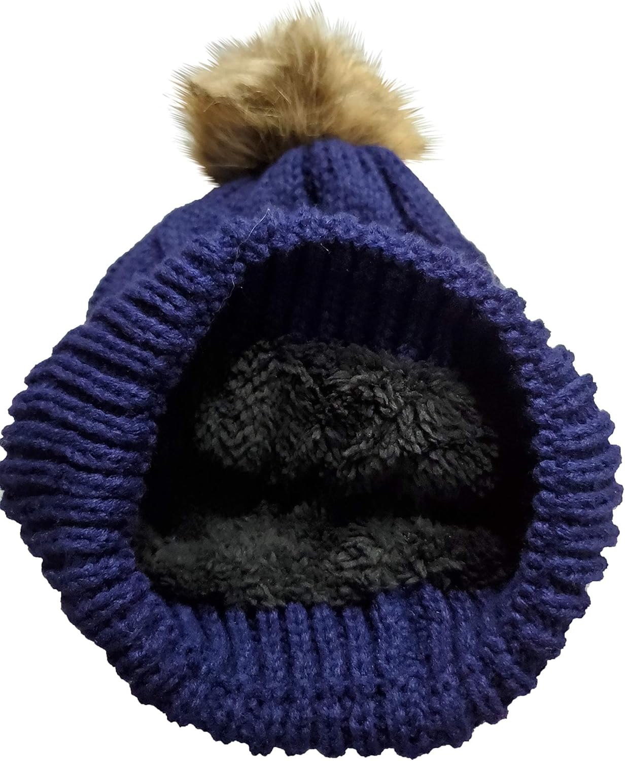 Novarena Thick Cable Knit Faux Fuzzy Fur Pom Fleece Lined Skull Cap Cuff Beanie