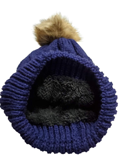 Novalena Women's Thick Cable Knit Faux Fur Pom Fleece Lined Skull Cap Cuff Warm Crochet Winter Wool Knit Ski Beanie Slouchy, Beige