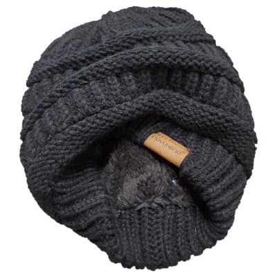 Novalena Women's Thick Cable Knit Faux Fur Pom Fleece Lined Skull Cap Cuff Warm Crochet Winter Wool Knit Ski Beanie Slouchy, Beige