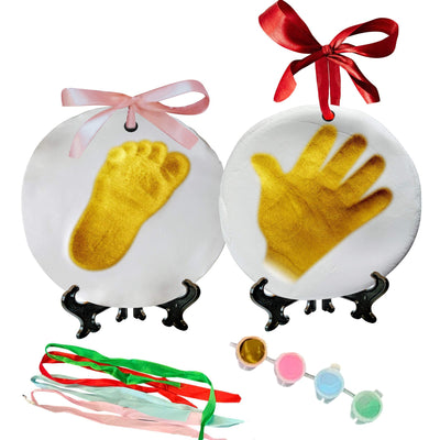 NOVARENA Baby Handprint Kit Footprint Ornament Keepsake (Newborn Bundle) 2 EASELS, 4 Ribbons & 3 Paint Tubes Clay Casting Kit Baby Boy Girl (Deluxe Clay Keepsake Kit) (Deluxe Clay Keepsake Kit)