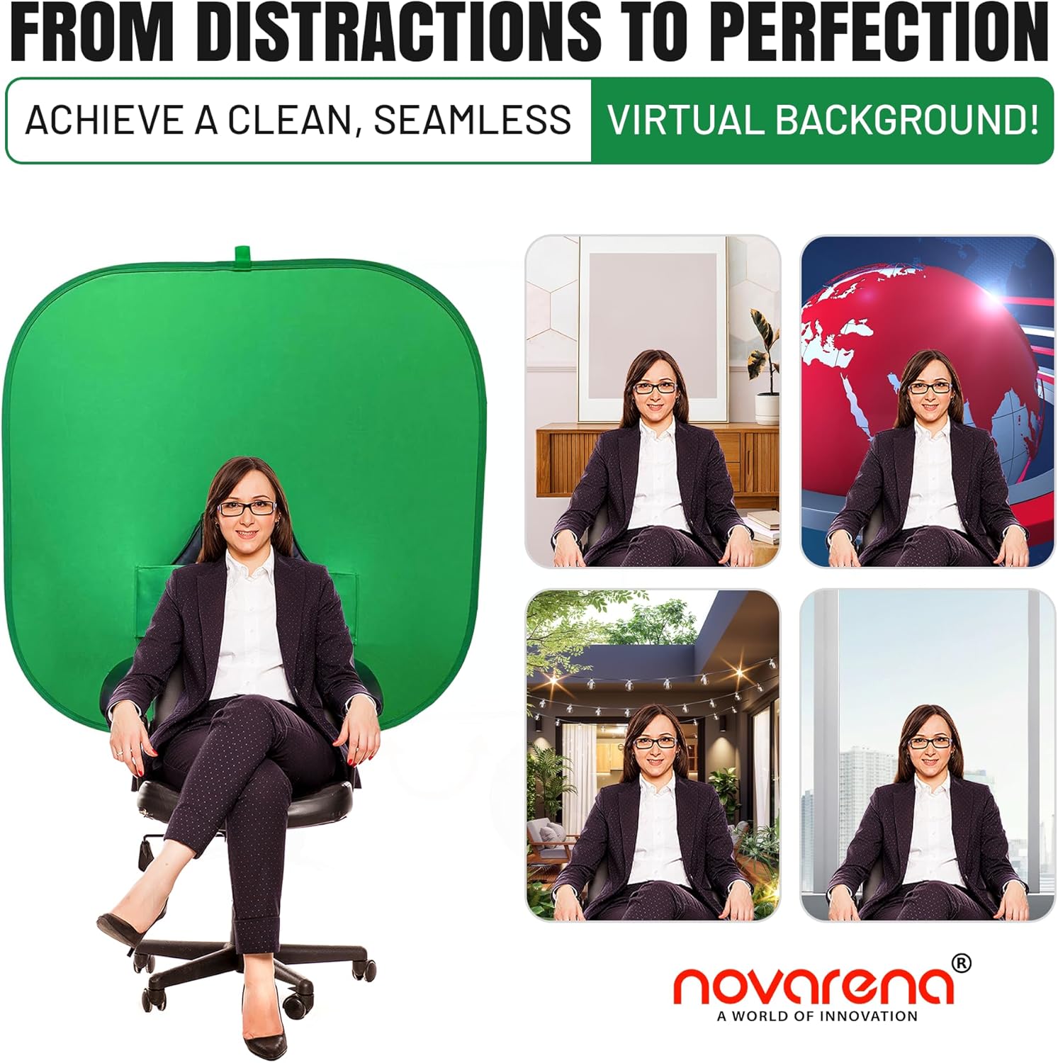 NOVARENA Green Screen Behind Chair Attachment Backdrop Kit – Portable Chroma Key for Streaming, Gaming, Video Calls, Virtual Background, Home Office, Photography – 5ft by 5ft, Reversible, Foldable