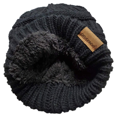 Novalena Women's Thick Cable Knit Faux Fur Pom Fleece Lined Skull Cap Cuff Warm Crochet Winter Wool Knit Ski Beanie Slouchy, Beige