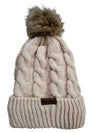 Novalena Women's Thick Cable Knit Faux Fur Pom Fleece Lined Skull Cap Cuff Warm Crochet Winter Wool Knit Ski Beanie Slouchy, Beige