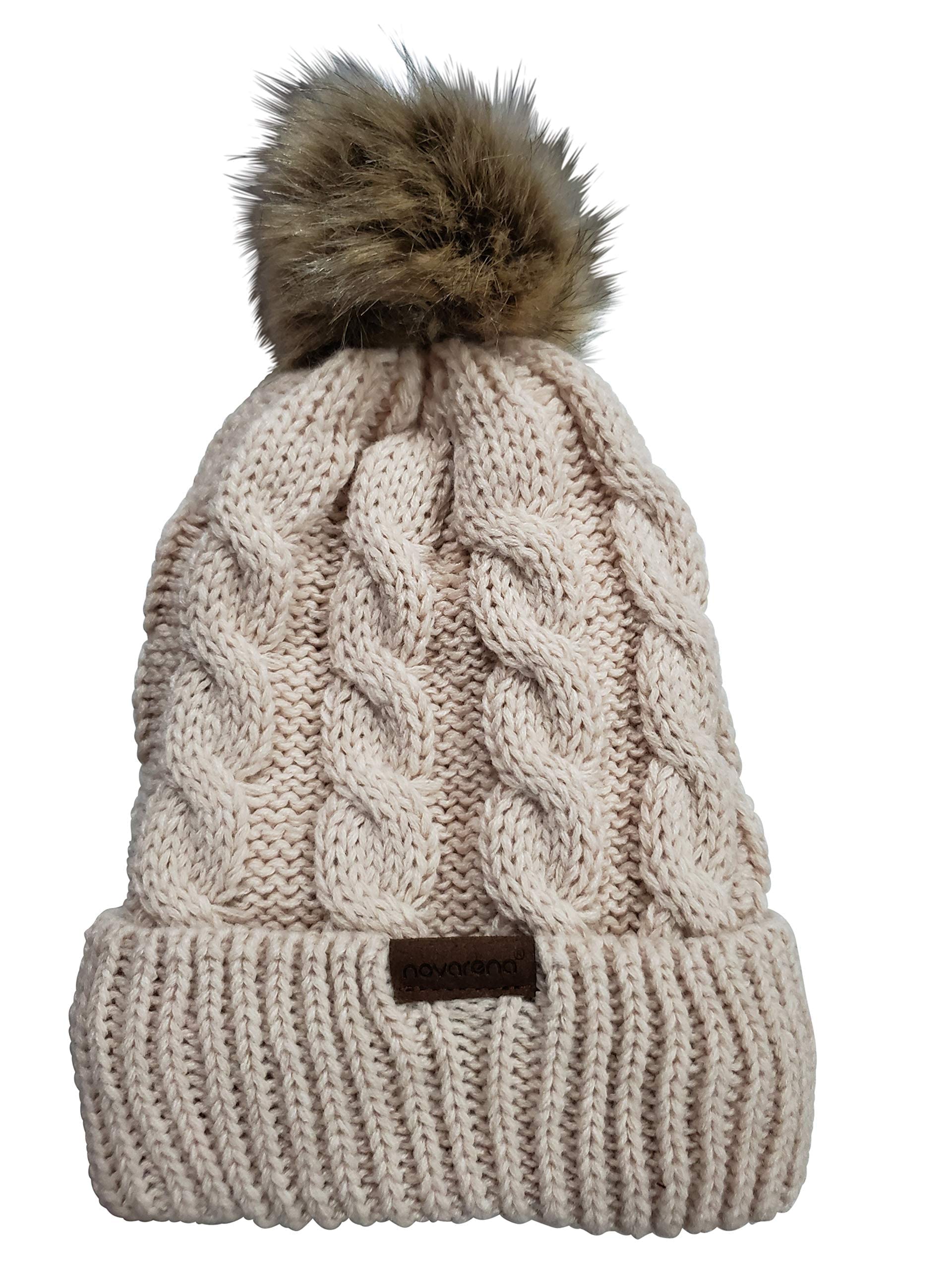 Novalena Women's Thick Cable Knit Faux Fur Pom Fleece Lined Skull Cap Cuff Warm Crochet Winter Wool Knit Ski Beanie Slouchy, Beige
