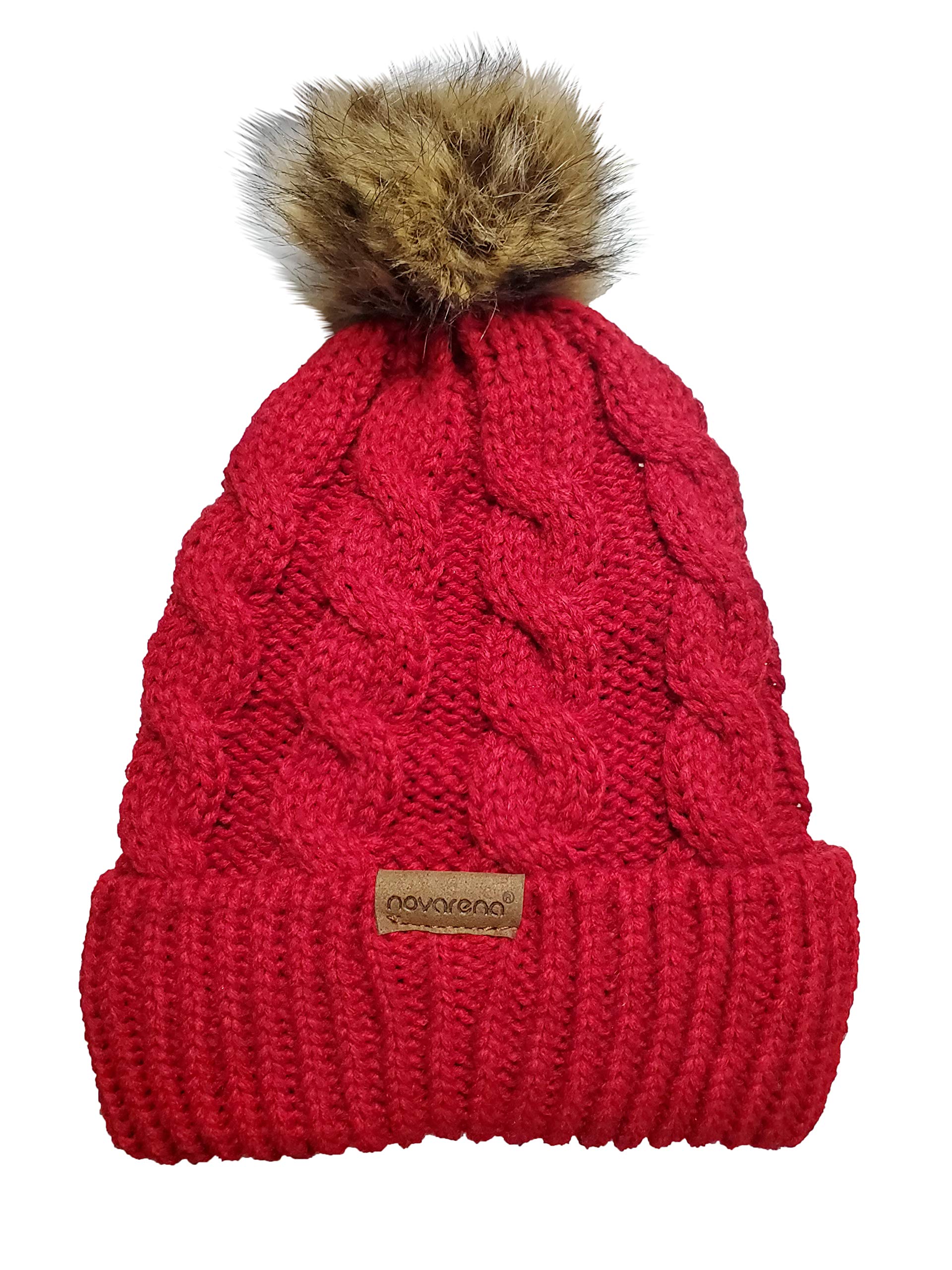 Novarena Thick Cable Knit Faux Fuzzy Fur Pom Fleece Lined Skull Cap Cuff Beanie