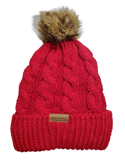 Novalena Women's Thick Cable Knit Faux Fur Pom Fleece Lined Skull Cap Cuff Warm Crochet Winter Wool Knit Ski Beanie Slouchy, Beige