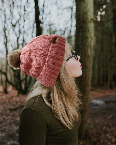 Novalena Women's Thick Cable Knit Faux Fur Pom Fleece Lined Skull Cap Cuff Warm Crochet Winter Wool Knit Ski Beanie Slouchy, Beige