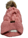Novalena Women's Thick Cable Knit Faux Fur Pom Fleece Lined Skull Cap Cuff Warm Crochet Winter Wool Knit Ski Beanie Slouchy, Beige
