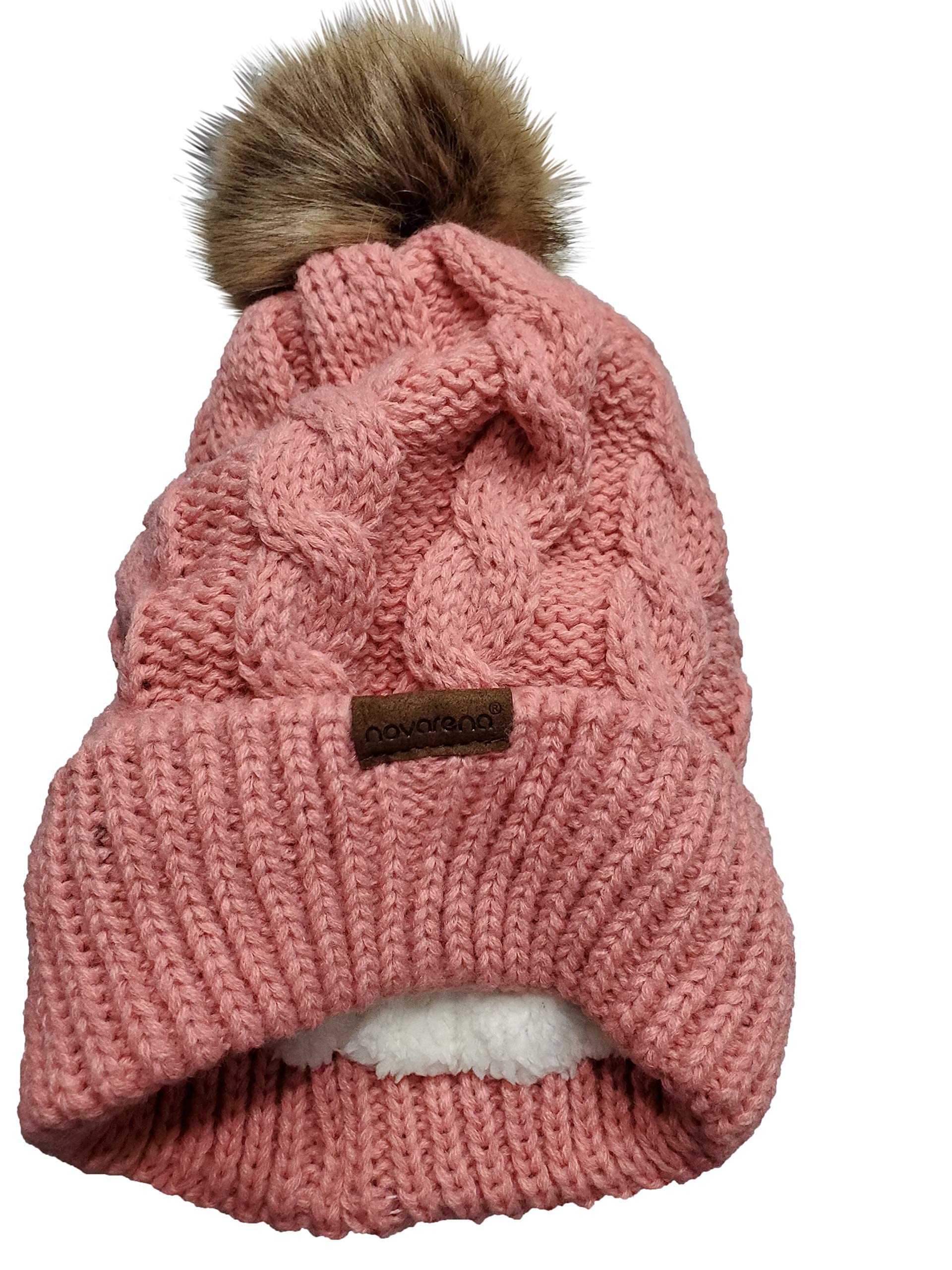 Novarena Thick Cable Knit Faux Fuzzy Fur Pom Fleece Lined Skull Cap Cuff Beanie