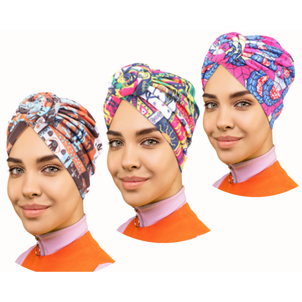 PRE-TIED African Women Knot Beanie Cap-3 Pack