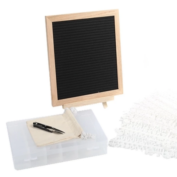 Black Felt Letter Board 10x10 Inches. Changeable Letterboards & bag, 790 (340 ¾”+ 450 1”) White Plastic Letters, Sorting Tray Case, Oak Frame & Easel - Laura Baby and Company
